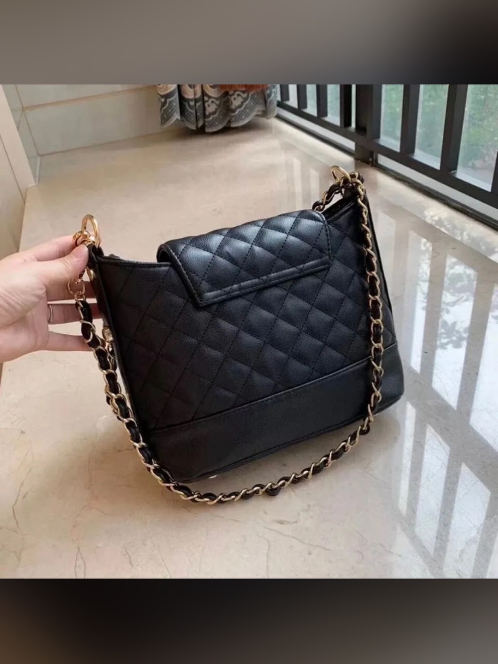 GWP CHANEL Black Quilted Leather Shoulder Bag with Gold Lettering Strap. - Picture 3 of 7